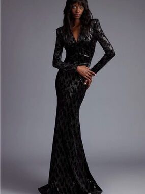 Greta Constantine Hali-Vel Black Gold Velvet Long-Sleeve Maxi Dress. Size large